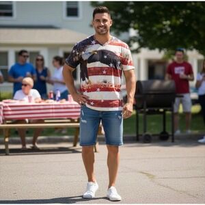 True Rock Men's XXL Graphic T-Shirt V-Neck Eagle American Flag Short Sleeve